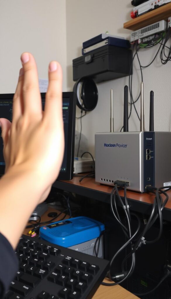 A well-lit office workspace with a desktop computer, a modem, and various networking equipment. In the foreground, a hand hovers over a keyboard, hinting at the troubleshooting process. Cables and wires crisscross the scene, symbolizing the complexities of IPTV setup. The Hoxtoon Provider logo is prominently displayed on the modem, indicating the service being used. The atmosphere is one of focused problem-solving, with a sense of tension and determination to resolve the IPTV issues at hand.