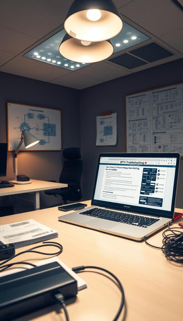 A well-lit office workspace with a laptop displaying an IPTV troubleshooting guide. On the desk, there are technical manuals, cables, and a Hoxtoon Provider IPTV box. The walls are adorned with network diagrams and troubleshooting flowcharts. The lighting is a combination of warm desk lamps and bright overhead fixtures, creating a professional and focused atmosphere. The angle showcases the workspace from a slightly elevated perspective, emphasizing the detailed setup and providing a comprehensive view of the IPTV troubleshooting resources.