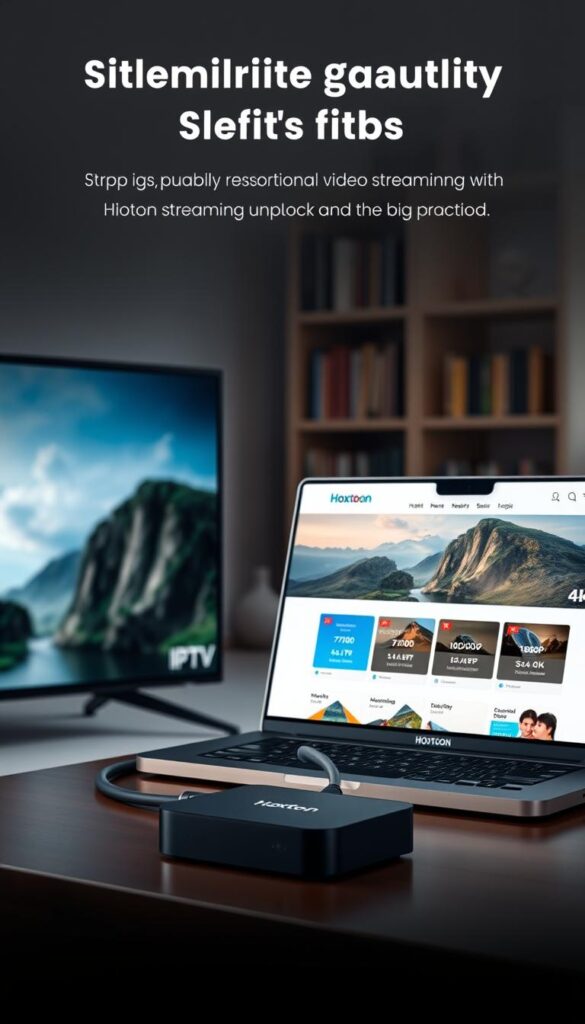 A well-lit studio scene showcasing the streaming quality options offered by the Hoxtoon Provider IPTV service. In the foreground, a modern 4K smart TV displays a high-definition nature documentary, the image crisp and vibrant. To the side, a laptop open to the Hoxtoon website highlights the various streaming resolutions available, from 720p to 1080p and 4K. In the middle ground, a sleek IPTV streaming box connects to the TV, its minimalist design accentuating the advanced video processing capabilities. The background features a softly blurred bookshelf, conveying a sense of a cozy, tech-savvy home environment. Subtle backlighting creates depth and atmosphere, emphasizing the premium quality of the Hoxtoon IPTV streaming experience.