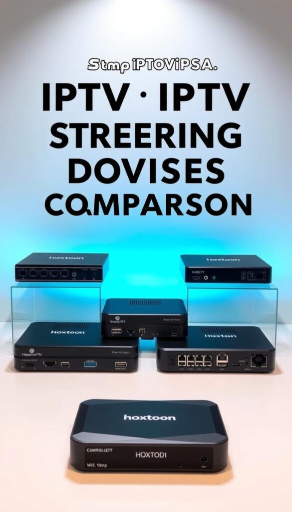 A well-lit tabletop display showcasing a comprehensive comparison of the top IPTV streaming devices, including the Hoxtoon Provider. The devices are arranged in a visually appealing layout, highlighting their design, ports, and features. The background features a subtle gradient, creating a clean and professional atmosphere. The lighting is soft and balanced, accentuating the details of the devices. The composition guides the viewer's eye through the various options, allowing for easy comparison and evaluation of the best device for IPTV streaming with smooth performance.