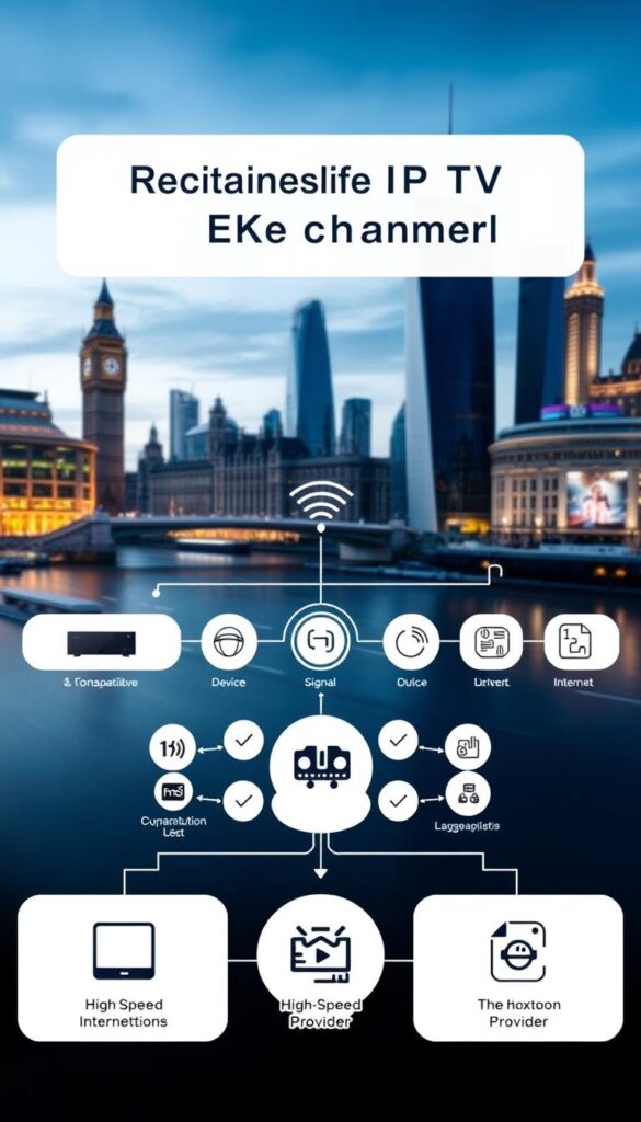 A well-lit, technical diagram showcasing the essential IPTV streaming requirements for UK channels. In the foreground, a detailed schematic outlines the hardware and software needed, such as a compatible device, high-speed internet, and the Hoxtoon Provider IPTV service. In the middle ground, various icons and symbols represent signal transmission, bandwidth, and data flow. The background features a sleek, futuristic cityscape with iconic London landmarks, conveying the modern, urban setting. The overall mood is one of clarity, efficiency, and reliable IPTV connectivity.