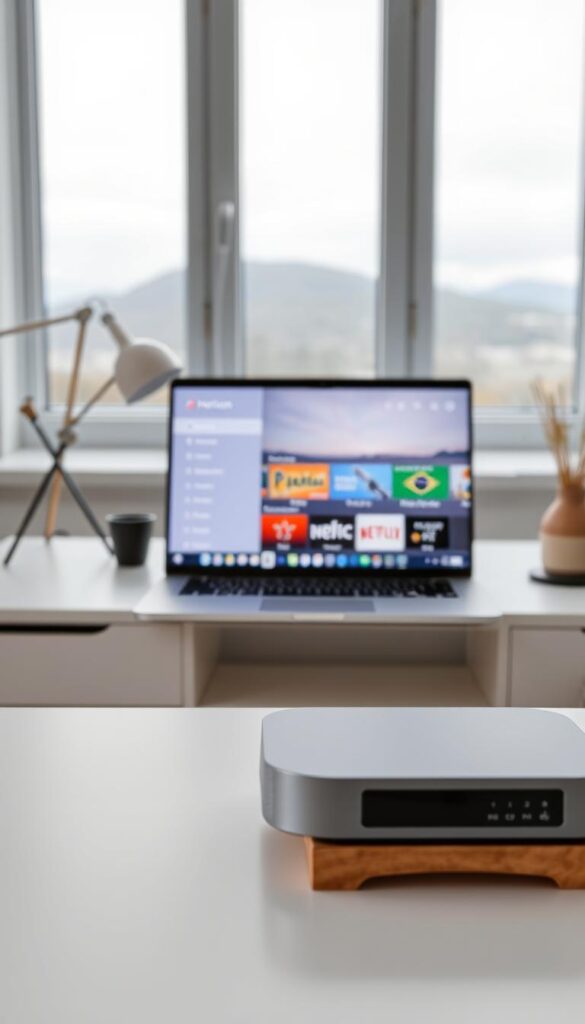 A well-organized Scandinavian IPTV setup featuring a sleek and modern Hoxtoon Provider device on a minimalist white desk. In the foreground, the Hoxtoon device sits atop a wooden stand, its clean lines and muted grey tones complementing the Scandinavian aesthetic. The middle ground showcases a laptop or tablet displaying the intuitive Hoxtoon user interface, highlighting the ease of setup and navigation. In the background, a large window overlooking a serene Scandinavian landscape, with muted natural lighting illuminating the scene. The overall atmosphere conveys a sense of simplicity, functionality, and Nordic design sensibilities.