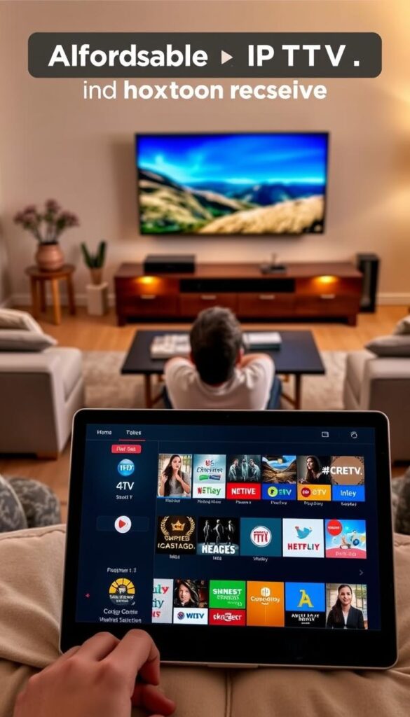 Affordable IPTV services with Hoxtoon Provider: a serene living room setting, a sleek smart TV showcasing crystal-clear video playback, surrounded by cozy furnishings and warm lighting. In the foreground, a laptop or tablet displays the Hoxtoon Provider interface, highlighting the intuitive navigation and comprehensive channel selection. The middle ground features a person casually enjoying the entertainment, conveying the ease and affordability of the IPTV experience. The background suggests a modern, minimalist home environment, emphasizing the seamless integration of Hoxtoon Provider's IPTV services into everyday life.