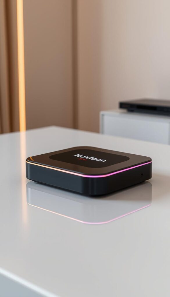 An IPTV box for sale in Dubai, showcasing the Hoxtoon Provider brand. The device is situated on a sleek, modern table, with a neutral-toned background providing a clean and professional ambiance. The box is captured in a 3/4 angle, highlighting its compact and minimalist design, with a subtle glow of warm lighting accentuating its edges. The scene conveys a sense of quality, reliability, and ease of use, reflecting the multi-device compatibility and legal, working services offered by the Hoxtoon IPTV provider.