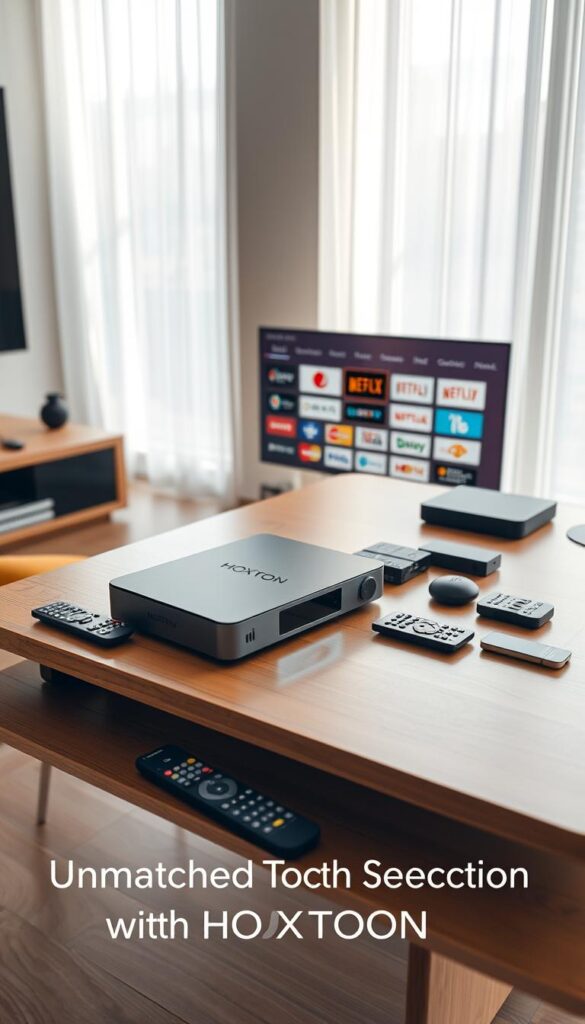 An IPTV box resting on a sleek, minimalist wooden table, surrounded by a neat arrangement of remote controls and various streaming devices. The screen displays a diverse array of channel logos and thumbnails, showcasing the Hoxtoon Provider's unmatched channel selection. Soft, natural lighting filters through large windows, creating a warm and inviting atmosphere. The overall scene conveys a sense of technological sophistication and media-rich entertainment, perfectly aligning with the "Unmatched Channel Selection with HOXTOON" section of the article.