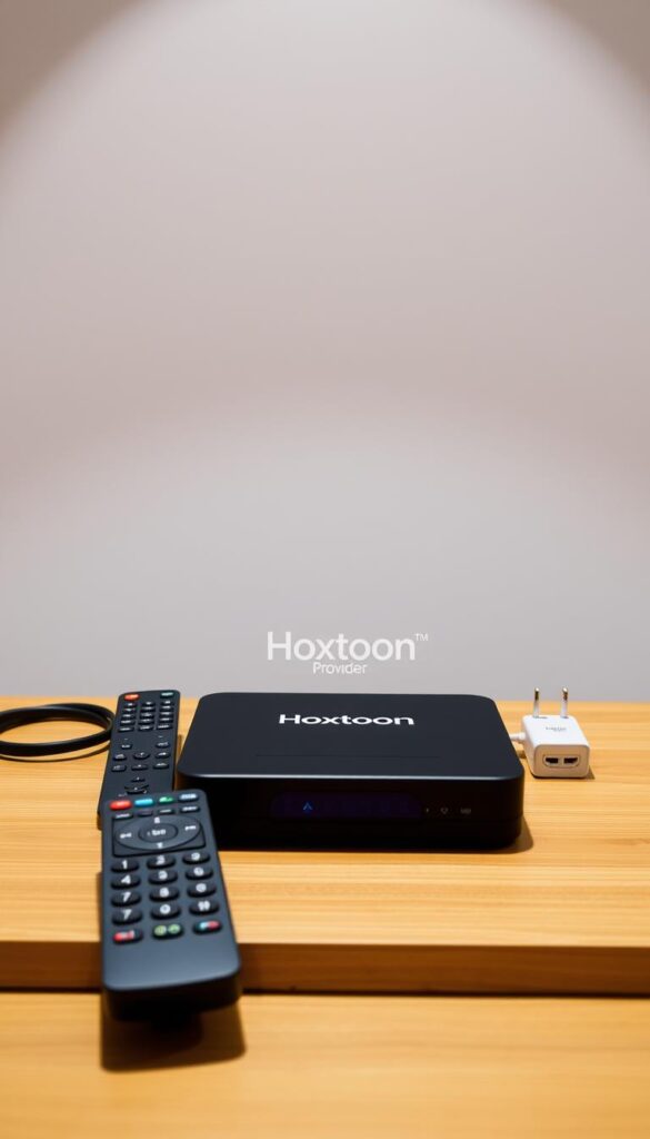 An IPTV box setup on a sleek, modern wooden table, with the Hoxtoon Provider logo prominently displayed on the device. The box is surrounded by a minimalist arrangement of accessories, such as a remote control, HDMI cable, and power adapter, all in a neutral color palette. Soft, diffused lighting from above creates a warm, inviting atmosphere, highlighting the clean lines and premium feel of the setup. The background is a simple, uncluttered space, allowing the IPTV box and its associated elements to take center stage.