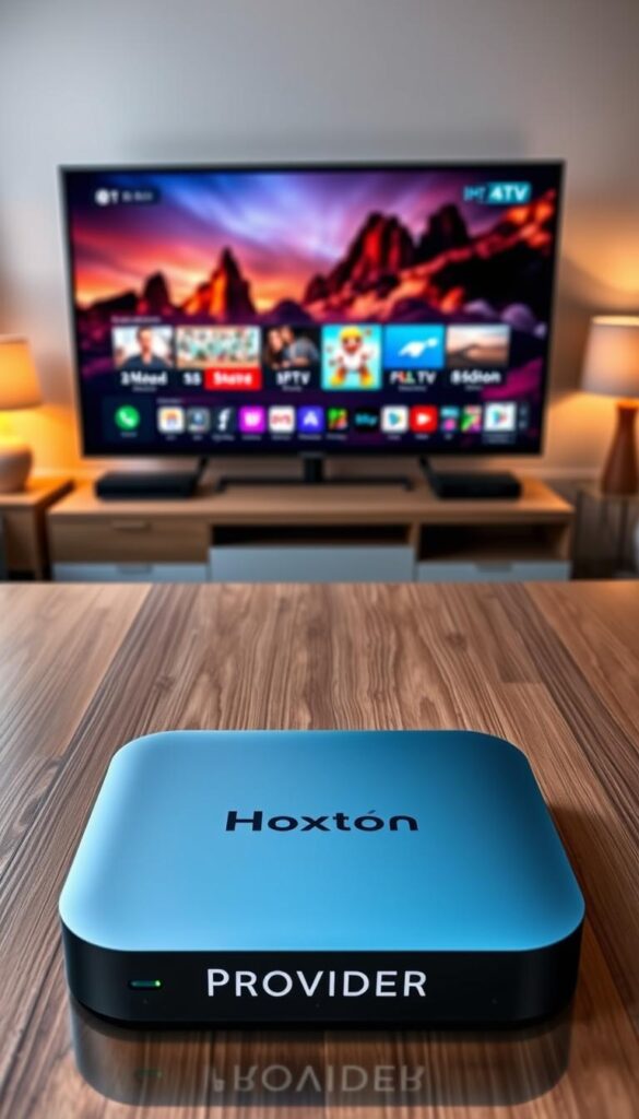 An android TV box for IPTV streaming, showcasing its sleek and modern design. The device rests on a minimalist, wooden table, casting a soft, warm glow from its muted LED indicators. In the foreground, the Hoxtoon Provider logo is prominently displayed, conveying the high-quality streaming services it offers. The middle ground features the TV box's various ports and connectivity options, highlighting its technical capabilities. The background depicts a cozy, living room setting, with a large, 4K television screen displaying vibrant, high-definition content, reflecting the exceptional streaming quality. The scene is illuminated by a combination of natural and diffused artificial lighting, creating a welcoming and immersive atmosphere.