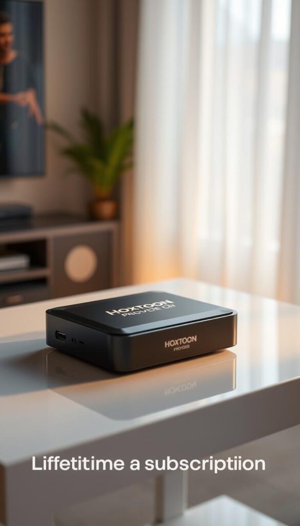 An elegant and sleek IPTV box with the Hoxtoon Provider logo prominently displayed on the front panel. The box is positioned on a clean, minimalist table, surrounded by a soft, warm lighting that creates a cozy and inviting atmosphere. The device is highlighted, showcasing its premium design and features, hinting at the lifetime subscription benefits. The background is slightly blurred, keeping the focus on the IPTV box and its alluring qualities.