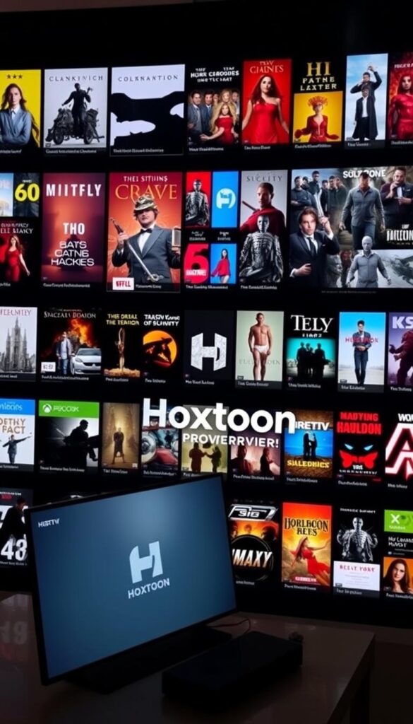 An expansive and well-organized IPTV content library, showcasing a diverse array of movies, TV shows, and live channels. The library is displayed on a sleek, modern interface with a clean, minimalist design. The Hoxtoon Provider logo is prominently featured, conveying a sense of professionalism and reliability. The lighting is soft and diffused, creating a warm and inviting atmosphere. The camera angle is slightly elevated, providing a comprehensive view of the library's breadth and depth. The overall mood is one of accessibility, quality, and a curated, user-friendly experience.