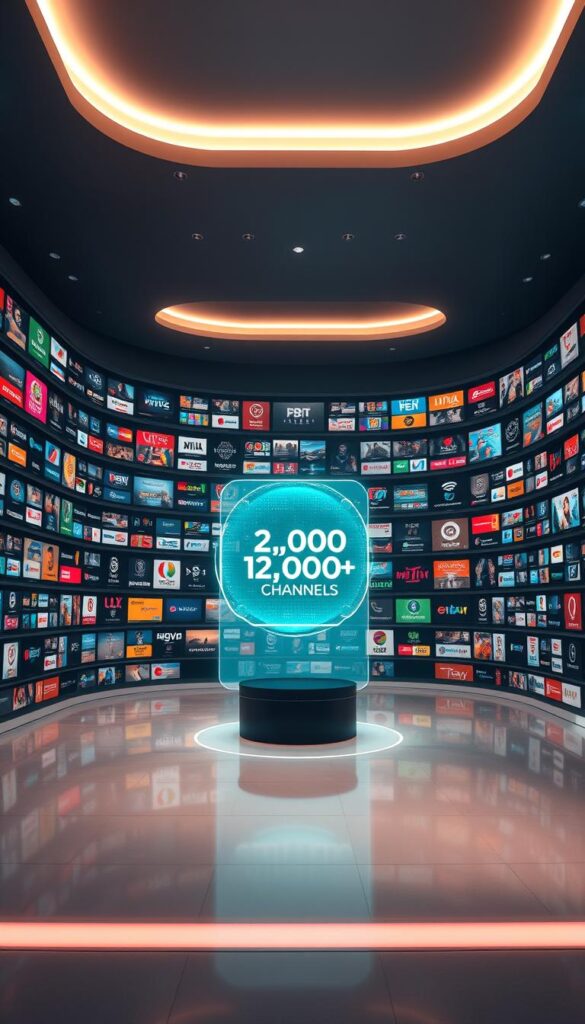 An expansive library of Arabic and international channels, showcased in a sleek, futuristic environment. A grand, well-lit studio space with towering shelves displaying the Hoxtoon Provider's vast 21,000+ channel selection. Smooth, reflective surfaces amplify the sense of depth, while a dramatic, moody lighting creates an atmosphere of premium entertainment. Subtle, holographic displays present channel icons and information, inviting exploration of this comprehensive media hub. The scene conveys a sense of technological sophistication and the ability to cater to diverse viewing preferences within the European market.