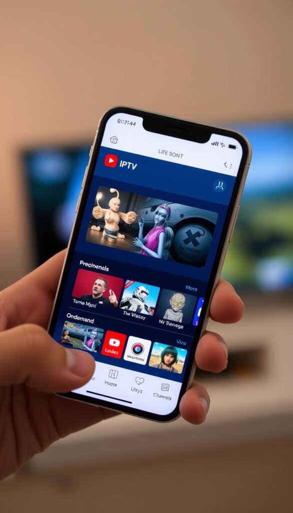 An iPhone displaying the Hoxtoon Provider IPTV service interface, showcasing a clean and intuitive design with a grid of live TV channels and on-demand content. The screen is well-lit, with a slightly warm color temperature, creating a modern and inviting atmosphere. The device is held at a slight angle, emphasizing the sleek, minimalist aesthetic of the iPhone. The background is blurred, keeping the focus on the IPTV app's user experience.