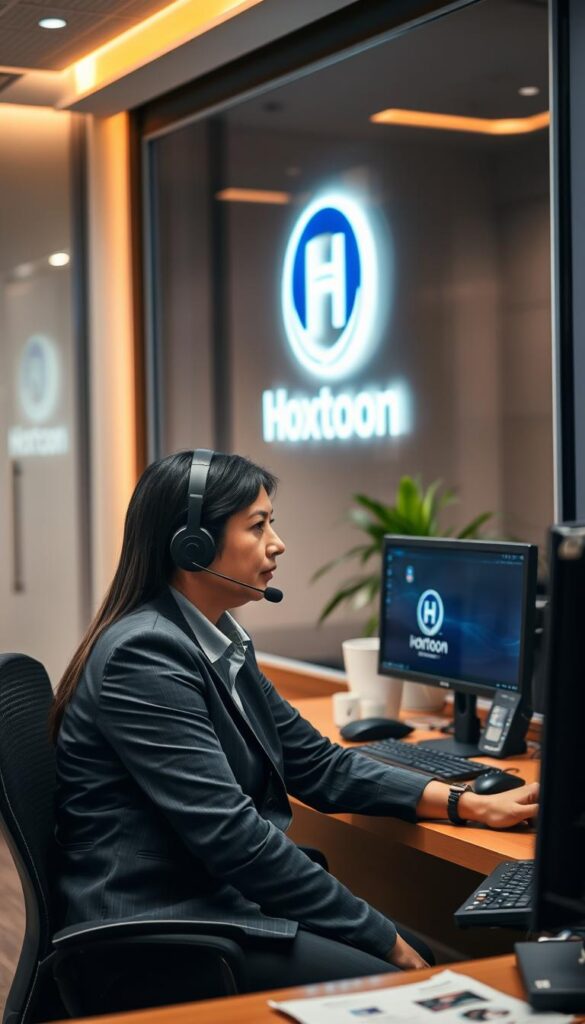 An office interior with a customer support representative of the Hoxtoon Provider IPTV service seated at a desk, speaking on a headset while assisting a customer. The scene is well-lit, with a warm, professional atmosphere. The representative's demeanor conveys empathy and a commitment to resolving the customer's issue. In the background, a display showcases the Hoxtoon Provider logo and branding, reinforcing the company's identity. The overall impression is one of a reliable, customer-centric IPTV service.
