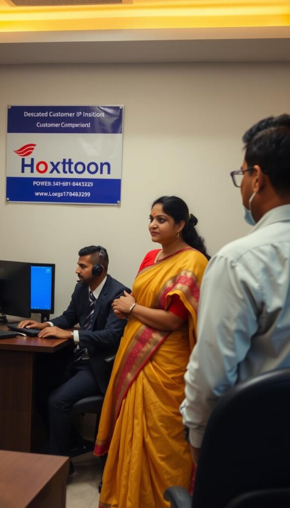 An office scene with a customer service representative from the Hoxtoon Provider IPTV service assisting an Indian customer. The representative is seated at a desk, dressed professionally, and using a computer and headset. The customer is standing, dressed in traditional Indian attire, engaged in a conversation. The background features signage and branding for the Hoxtoon Provider, creating a sense of a dedicated customer support environment. Soft, warm lighting illuminates the scene, conveying a welcoming and helpful atmosphere. The composition emphasizes the interaction between the two individuals, showcasing the reliable and attentive customer service offered by the Hoxtoon Provider.