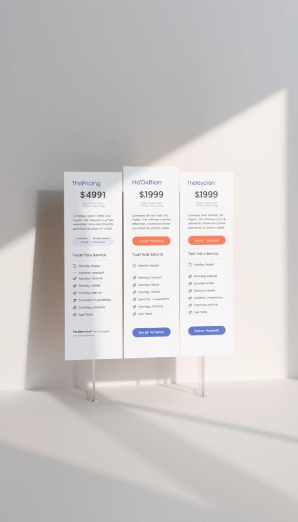 Detailed and neatly arranged pricing plans for the Hoxtoon Provider service, showcased on a sleek, minimalist display. The plans are presented in a clean, structured layout with clear pricing, feature highlights, and call-to-action buttons. The background features a soft, muted gradient, creating a sophisticated and professional atmosphere. Subtle lighting from the side casts gentle shadows, adding depth and dimension to the design. The overall composition strikes a balance between informative clarity and visually appealing aesthetics, reflecting the value proposition of the Hoxtoon service.
