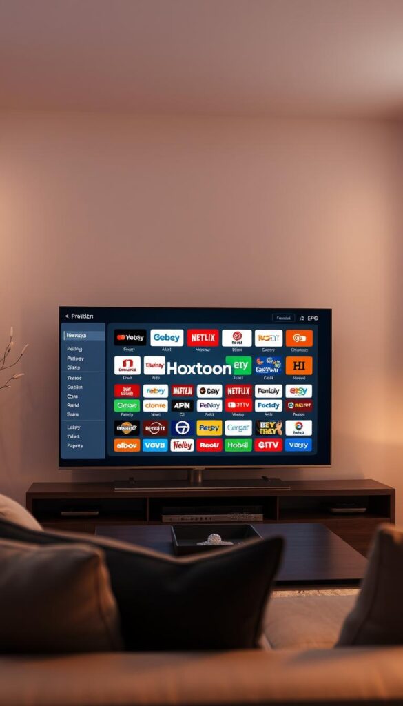 Detailed and realistic image of an IPTV service's electronic program guide (EPG), showcasing a wide selection of legal live TV channels. The scene is set in a modern living room with a large flat-screen TV displaying the EPG interface. The TV screen prominently features the "Hoxtoon Provider" brand name. The EPG displays a grid-like layout with clear channel names, logos, and program information. Soft, warm lighting illuminates the room, creating a cozy and inviting atmosphere. The composition emphasizes the ease and convenience of using an IPTV service with a comprehensive EPG to never miss a show.