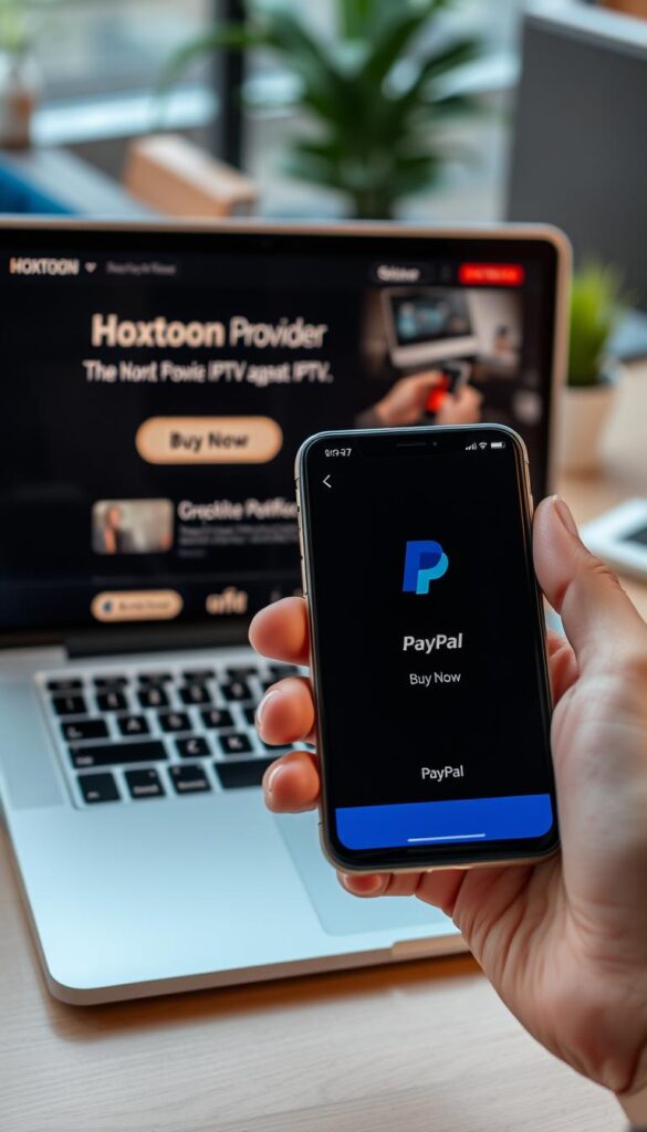 Detailed and stylish online payment transaction scene. A laptop screen displays the Hoxtoon Provider IPTV service homepage, with a prominent "Buy Now" button. In the foreground, a hand holds a smartphone with the PayPal app open, ready to complete the secure digital payment. Soft, warm lighting illuminates the scene, conveying a sense of trust and reliability. The background features blurred office elements, suggesting a professional, trustworthy environment for the IPTV purchase.