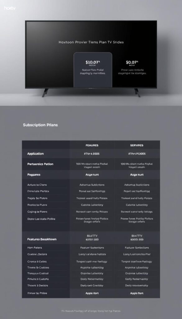 Detailed and stylized image of Hoxtoon Provider's IPTV subscription plans for Apple TV. A sleek and modern flat-design layout showcasing the different plan tiers, pricing, and feature breakdowns, set against a minimalist background with subtle gradients and textures. The plans are presented in a clean grid format with elegant typography and clear icons, creating a visually appealing and informative display. The overall mood is professional, sophisticated, and on-brand for the Hoxtoon Provider service.