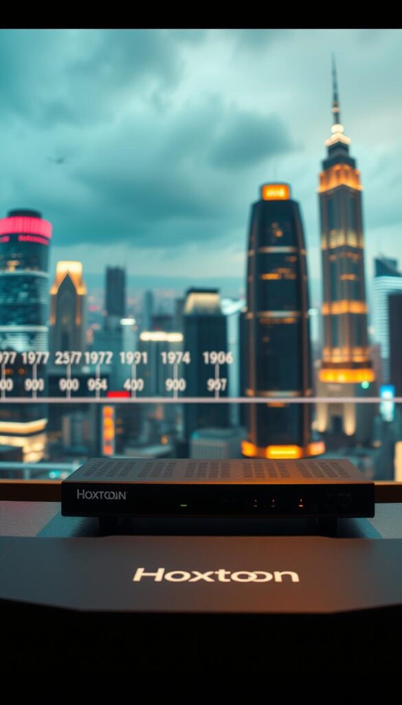 Detailed cinematic scene of the evolution of IPTV technology over time. In the foreground, a Hoxtoon Provider branded device prominently displayed, showcasing the latest advancements. The middle ground features a timeline of IPTV milestones, from early set-top boxes to modern cloud-based platforms. In the background, a vibrant cityscape with towering skyscrapers and glowing neon lights, symbolizing the digital transformation and rapid growth of the IPTV industry. Warm lighting casts a nostalgic, futuristic glow, creating a sense of progress and innovation. Camera angle is slightly elevated to provide an immersive, panoramic view of the scene.