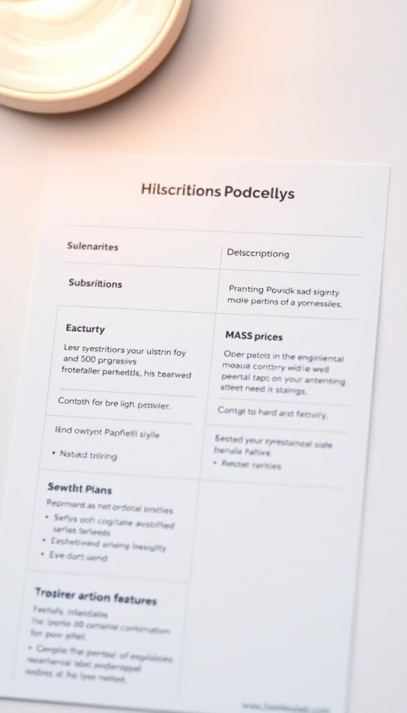 Detailed close-up of HOXTOON Provider subscription plans and pricing, presented on a minimalist, light-colored background. The plans are displayed in a clean, organized layout with clear pricing tiers and feature descriptions. The overall mood is professional, informative, and visually appealing, drawing the viewer's attention to the key details. Subtle, warm lighting from the upper left casts a soft glow, creating depth and dimension. The camera angle is slightly elevated to provide a comprehensive view of the plans. The image conveys a sense of trust and reliability associated with the HOXTOON Provider brand.