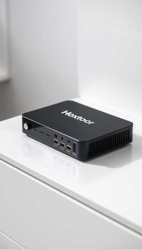 Detailed close-up shot of a sleek, modern IPTV box hardware with the Hoxtoon Provider brand, showcasing its key technical specifications. The box is positioned on a minimalist, white background, illuminated by soft, diffused lighting to highlight its clean, minimalist design. The camera angle is slightly elevated, providing a clear, unobstructed view of the device's ports, connectivity options, and other key features. The overall tone is professional, informative, and visually appealing, reflecting the quality and capabilities of this budget-friendly IPTV solution.