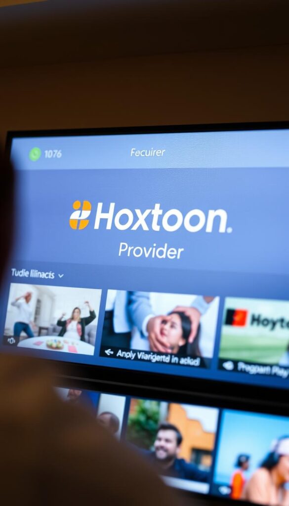 Detailed close-up shot of an IPTV service interface, showcasing the Hoxtoon Provider brand prominently displayed on the screen. The interface features a clean, modern design with intuitive menus, program listings, and video playback controls. The scene is illuminated by soft, diffused lighting, creating a warm and inviting atmosphere. The angle emphasizes the user experience, drawing the viewer's attention to the range of content and services available through the IPTV platform.
