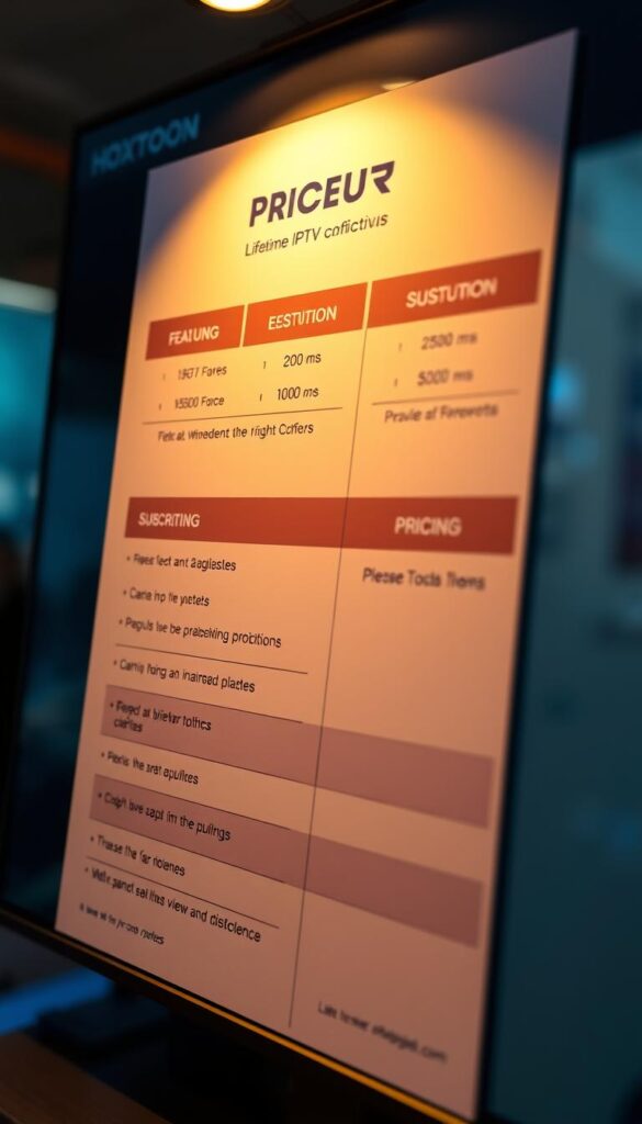 Detailed close-up shot of pricing plans for the Hoxtoon Provider lifetime IPTV service, showcasing various subscription tiers and their corresponding features. Sleek, modern design with clean typography and minimalist layout. Subtle lighting creates depth and highlights the key information. Warm, professional color palette with accents of the Hoxtoon brand's signature colors. Realistic, photorealistic rendering capturing the high-quality, premium feel of the IPTV service offering.