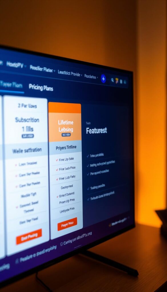 Detailed close-up shot of the Hoxtoon Provider IPTV pricing plans, showcasing a sleek and modern user interface. The screen displays a clean layout with clearly defined subscription tiers, pricing information, and feature highlights. Soft, warm lighting illuminates the scene, creating a premium and professional atmosphere. The image focuses on the plan details, emphasizing the lifetime subscription option in the center. Subtle shadows and depth of field draw the viewer's attention to the key plan details. The overall aesthetic conveys a sense of reliability, value, and transparency for the Hoxtoon IPTV service.