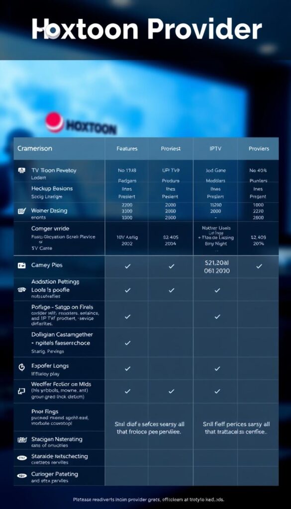 Detailed comparison of IPTV service providers, showcasing their key features and offerings. A sleek, modern interface with clean layout and intuitive navigation. Prominently display the "Hoxtoon Provider" brand, highlighting its reputation and reliability. Use a cool, sophisticated color palette of blues and grays to convey professionalism. Crisp, high-quality visuals with subtle lighting and depth of field, creating a sense of depth and dimension. Carefully curated selection of provider logos, icons, and data visualizations to effectively communicate the crucial information. An elegant, minimalist aesthetic that aligns with the subject matter and supports the article's tone and messaging.
