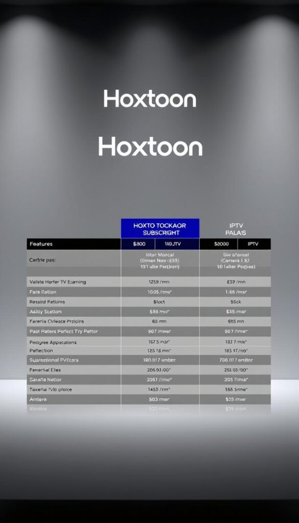 Detailed comparison of IPTV subscription plans offered by Hoxtoon Provider. A sleek, minimalist table-like layout showcasing the various packages, features, and pricing options. The table is presented against a subtle, muted background with soft lighting and a clean, modern aesthetic. The Hoxtoon logo is prominently displayed, lending an air of professionalism and trust. The overall impression is one of clarity, value, and reliability - highlighting Hoxtoon as a trusted IPTV service provider.