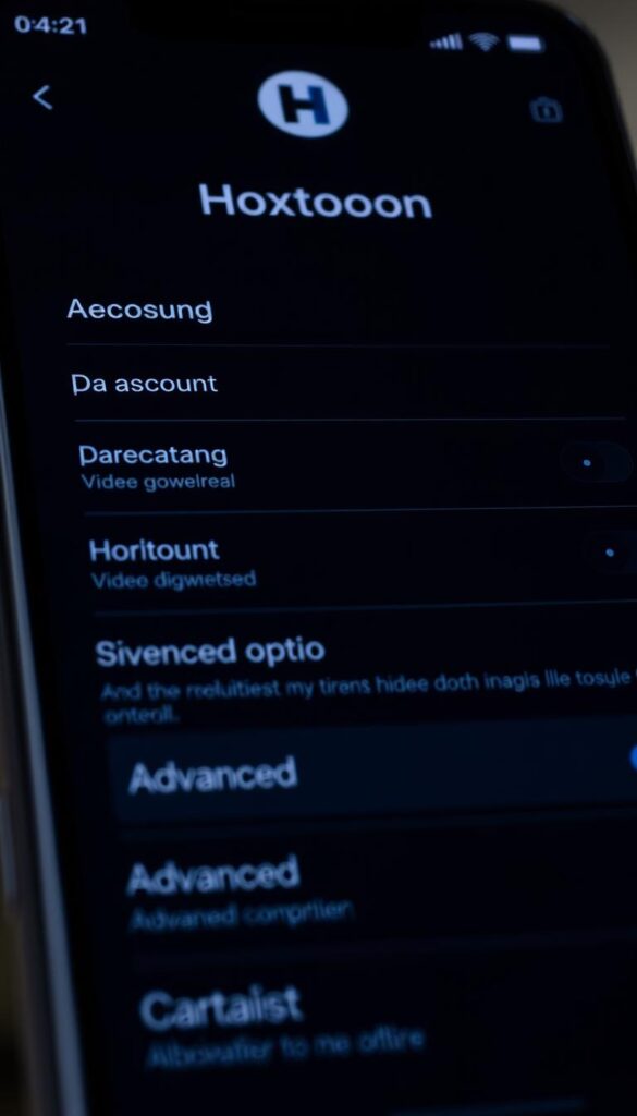 Detailed configuration interface of the Hoxtoon Provider app, showcasing various settings options. Sleek and intuitive dark-themed UI with minimalist design elements. Prominent Hoxtoon logo in the header. Hierarchical menu structure with clearly labeled sections for account, video quality, parental controls, and advanced options. Subtle lighting creating depth and highlighting key interface elements. High-resolution close-up view captured at a slight angle to convey a sense of depth and professionalism.