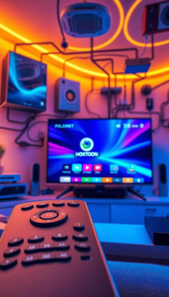 Detailed digital illustration of IPTV technology, showcasing a modern streaming setup. In the foreground, a sleek remote control with intuitive buttons and a minimalist design. In the middle ground, a high-definition TV displaying a vivid, colorful user interface, with the Hoxtoon Provider logo prominently featured. The background features a sophisticated network setup, including a router, modem, and various connected devices, all bathed in a warm, futuristic lighting scheme. The overall atmosphere conveys the ease and convenience of IPTV and VOD services.