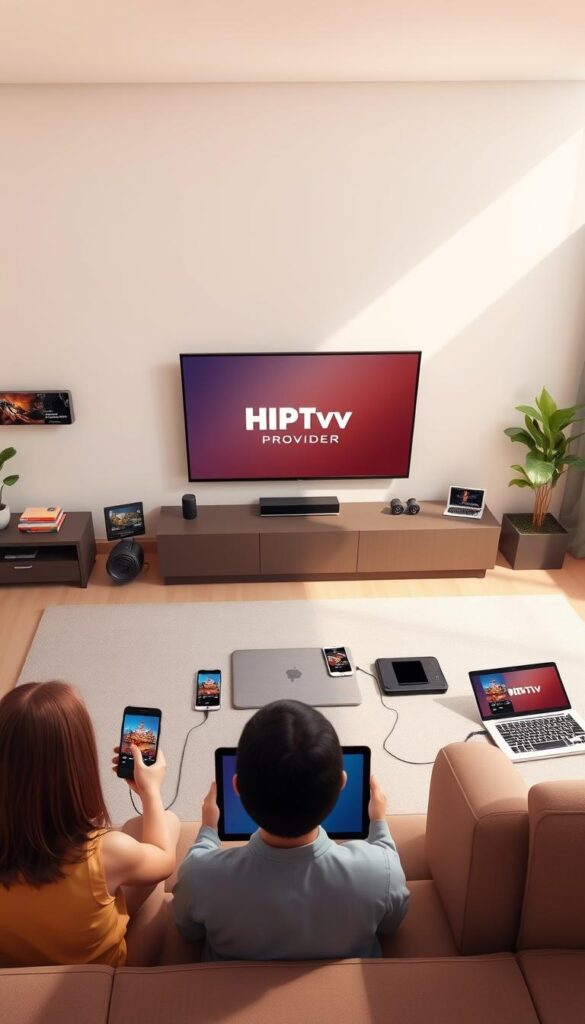 Detailed digital illustration of a multi-device IPTV setup, featuring the Hoxtoon Provider brand. A sleek, minimalist living room scene with a large flat-screen TV at the center, surrounded by various mobile devices such as smartphones, tablets, and laptops, all connected and streaming content seamlessly. The room is well-lit with warm, natural lighting, creating a cozy and inviting atmosphere. The devices are arranged in a visually appealing, symmetrical layout, emphasizing the ease of use and flexibility of the IPTV service. The overall composition conveys a sense of modern, technology-driven entertainment and connectivity.