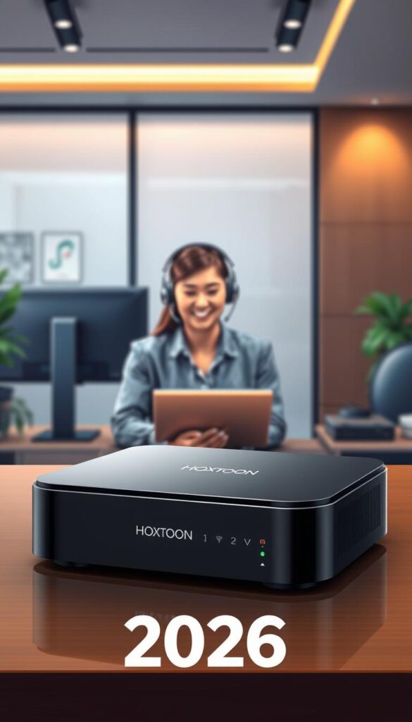 Detailed digital illustration of a premium IPTV box from the Hoxtoon Provider in a sleek, modern design. The box is positioned prominently in the foreground, showcasing its high-quality construction and intuitive user interface. In the middle ground, a customer service representative is visible, wearing a headset and assisting a customer with a friendly, attentive expression. The background features a sophisticated office setting with clean lines, warm lighting, and subtle branding elements that convey a sense of professionalism and reliability. The overall scene evokes a premium, high-end customer support experience for the Hoxtoon IPTV box in the year 2026.