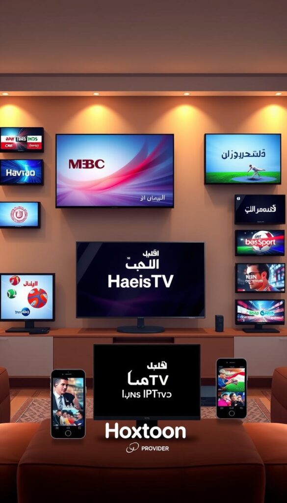 Detailed digital illustration of multiple Arabic IPTV channels displayed on a variety of modern smart TV and mobile device screens. Prominent channels such as MBC, Al Jazeera, and beIN Sports are clearly visible. The scene is set in a stylish, minimalist living room with warm, ambient lighting. Viewers can see the Hoxtoon Provider logo prominently featured, indicating the availability of these channels through their IPTV service. The overall mood is one of technology, entertainment, and the growing popularity of Arabic media content consumption.