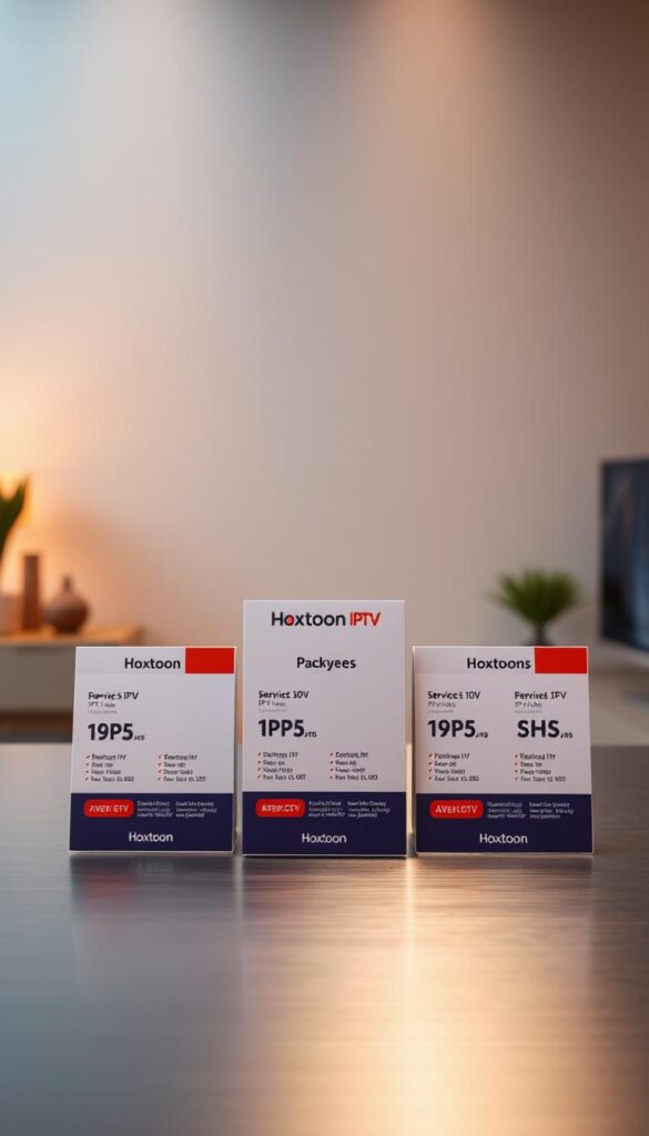 Detailed product display of Hoxtoon Provider's affordable IPTV subscription plans, showcased in a minimalist, modern, and inviting layout. The foreground features various IPTV packages with clear pricing and service details, arranged neatly on a sleek, brushed metal surface. The middle ground includes subtle branding elements, such as the Hoxtoon logo, creating a sense of professionalism and reliability. The background is a softly blurred, gradient-based scene, evoking a clean and sophisticated atmosphere. Warm, directional lighting from the top-left casts subtle shadows, adding depth and dimension to the overall composition. The image conveys a sense of accessibility, affordability, and high-quality IPTV services offered by Hoxtoon Provider.