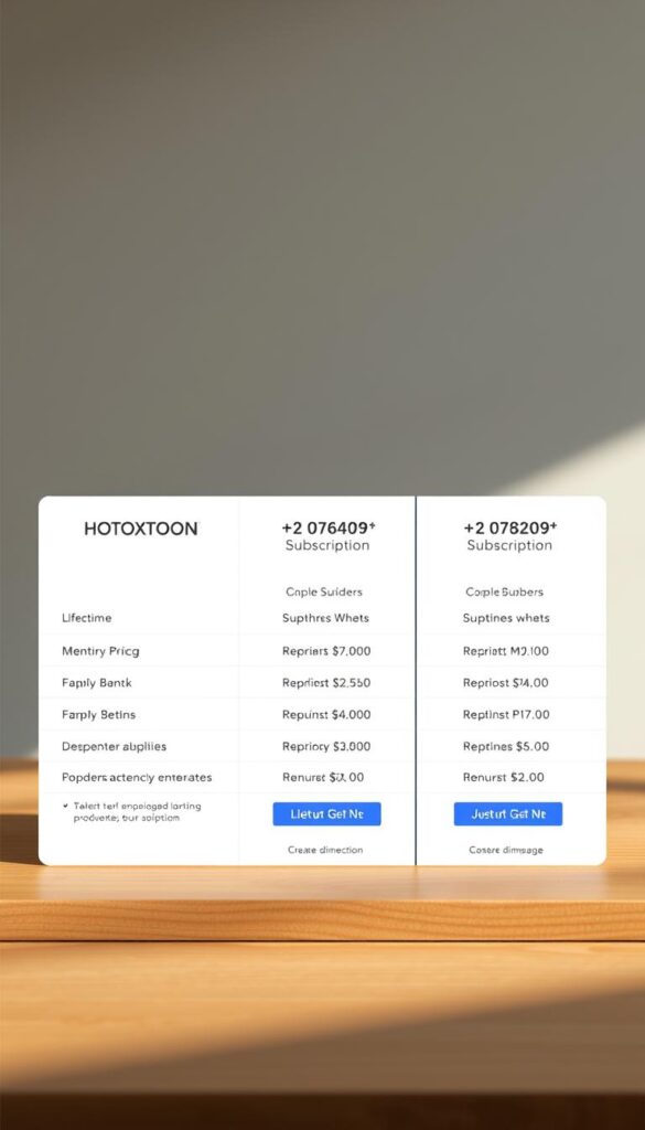 Elegant minimalist table showcasing the HOXTOON Provider lifetime subscription pricing options. Warm-toned wooden surface with clean typography and simple icons against a slightly blurred, soft-focused background. Balanced layout with hierarchical information presentation. Muted color palette with subtle gradients. Crisp, high-resolution rendering with a professional, trustworthy aesthetic. Subtle ambient lighting creates depth and highlights the pricing details.