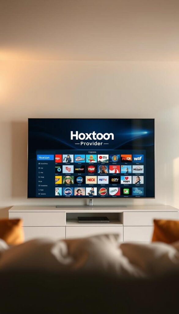 High-quality IPTV channels displayed on a sleek, modern interface. The Hoxtoon Provider logo prominently featured, showcasing their extensive library of over 21,000 channels. The image depicts a vibrant and immersive viewing experience, with a diverse array of content categories visible on the screen. Soft, diffused lighting creates a warm and inviting atmosphere, while the minimalist design elements emphasize the clean, user-friendly nature of the Hoxtoon platform. The overall composition conveys a sense of quality, accessibility, and the vast content options available to IPTV subscribers.