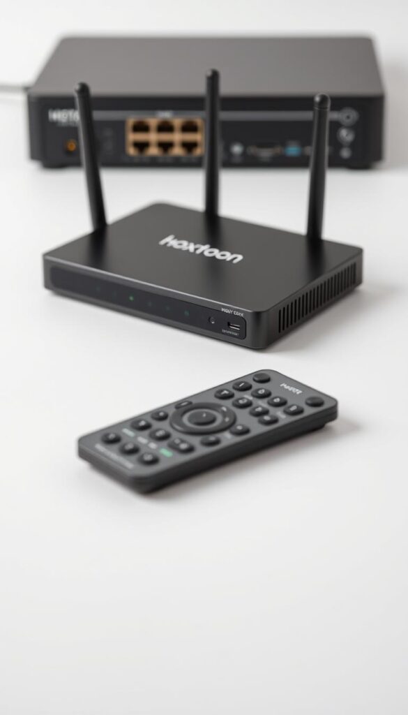 High-quality, close-up studio photography of Hoxtoon Provider IPTV equipment, including a sleek black set-top box with multiple ports, a compact wireless router, and accompanying remote control, all arranged on a clean white background with soft, even lighting and a sense of depth and dimension. The equipment should be showcased in a professional, minimalist style that highlights its technical features and design aesthetic.