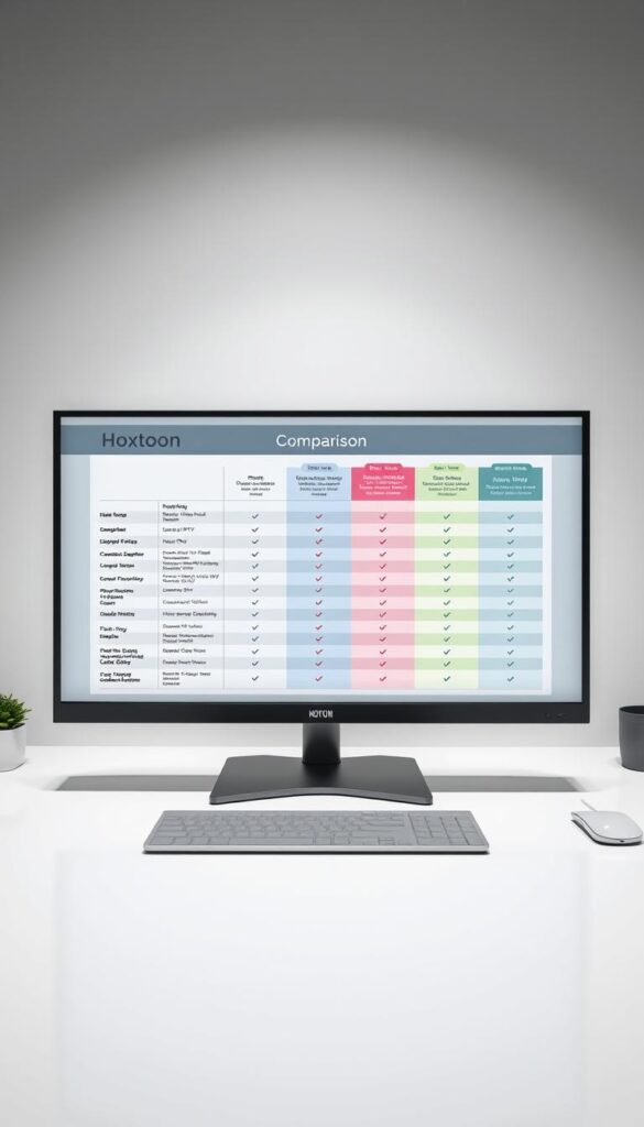 High-quality, detailed comparison chart displayed on a sleek, minimalist desktop setup, with the Hoxtoon Provider logo prominently featured. The chart showcases the key features, pricing, and services of Hoxtoon alongside other leading legal IPTV providers in a clean, organized layout. Soft, diffused lighting illuminates the scene, creating a professional, informative atmosphere. The chart is rendered with precise, technical accuracy, ensuring the information is clearly legible and easy to interpret. The overall composition is balanced, with the chart taking center stage, surrounded by a neutral, office-like environment that complements the subject matter.