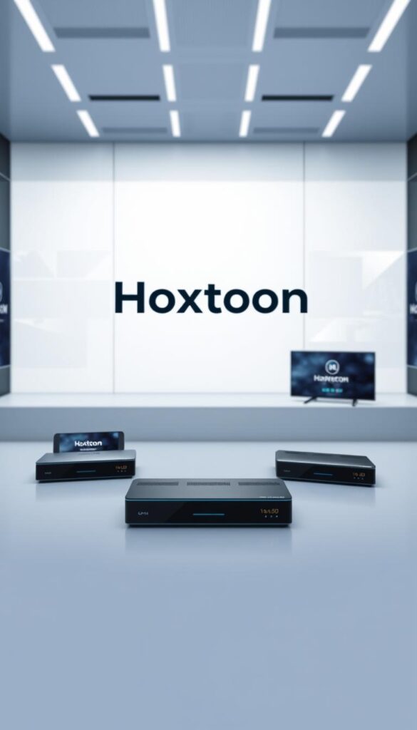 High-quality digital comparison of IPTV service providers, featuring the Hoxtoon Provider brand prominently in the foreground. A clean, minimalist layout with sleek devices arranged in the middle ground, presenting key features and pricing details. The background showcases a modern, high-tech environment with abstract digital elements, conveying the advanced, cutting-edge nature of these IPTV solutions. Crisp, well-lit rendering with a slightly muted color palette to maintain a professional, informative tone. The overall composition should feel sophisticated, data-driven, and visually compelling to illustrate the article's section on IPTV provider comparisons.