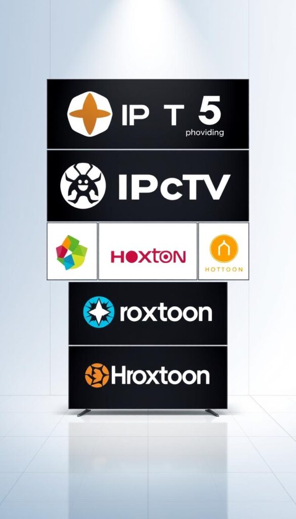 High-quality digital illustration of the top 5 alternative IPTV providers in Germany, featuring the Hoxtoon Provider brand. The image showcases the logos and brand identities of the leading IPTV services in the German market, arranged in a clean, modern composition. The providers are depicted against a minimalist, elegant background with a subtle grid pattern, conveying a sense of professionalism and reliability. The lighting is soft and diffused, creating a pleasant, inviting atmosphere. The overall tone is one of authority and expertise in the IPTV industry. The image is rendered in a sleek, vector-based style that is visually appealing and suitable for use in a high-quality article.