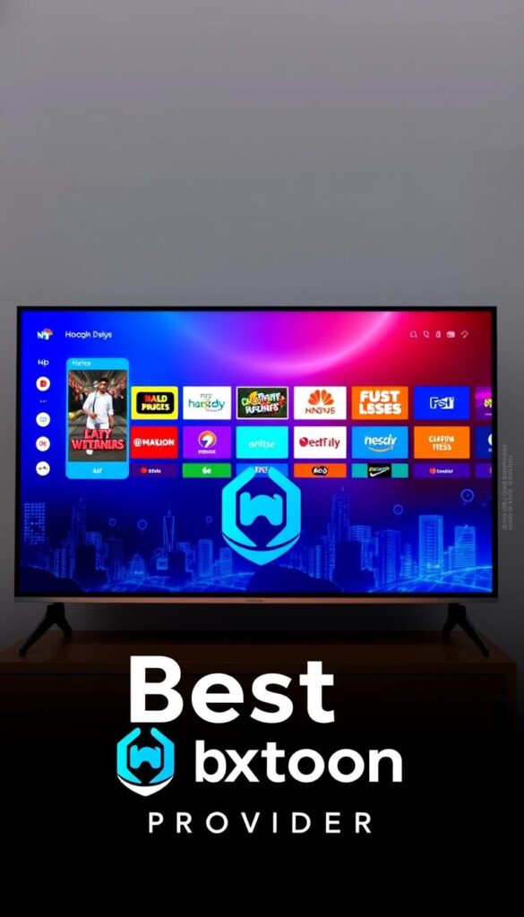 High-quality digital technology illustration of the "Best IPTV Provider" concept, featuring the Hoxtoon Provider brand. In the foreground, a modern smart TV displays a vibrant, high-definition IPTV interface with a wide selection of Spanish and Latin American channels. The middle ground showcases the Hoxtoon Provider logo, depicted as a sleek, minimalist design in shades of blue and white. The background depicts a stylized cityscape with skyscrapers and technology-inspired elements, conveying a sense of advanced connectivity and digital infrastructure. The lighting is crisp and evenly distributed, highlighting the premium quality of the Hoxtoon Provider service. The overall mood is professional, reliable, and visually appealing, reflecting the "best" IPTV offering.