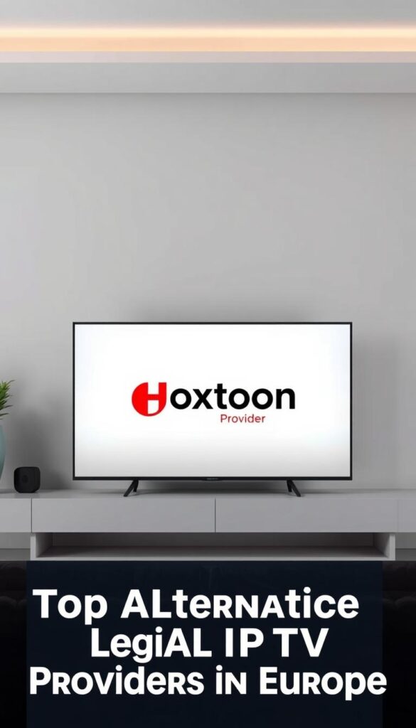 High-quality image of the "Hoxtoon Provider" IPTV service. A minimalist, elegant interface showcasing the Hoxtoon logo on a stylish device like a smart TV or streaming box, set against a clean, modern background with muted colors and soft lighting. The composition should convey a sense of professionalism, reliability, and user-friendliness associated with a top-tier IPTV provider. Aim for a visually appealing, realistic depiction that would complement the "Top Alternative Legal IPTV Providers in Europe" section of the article.
