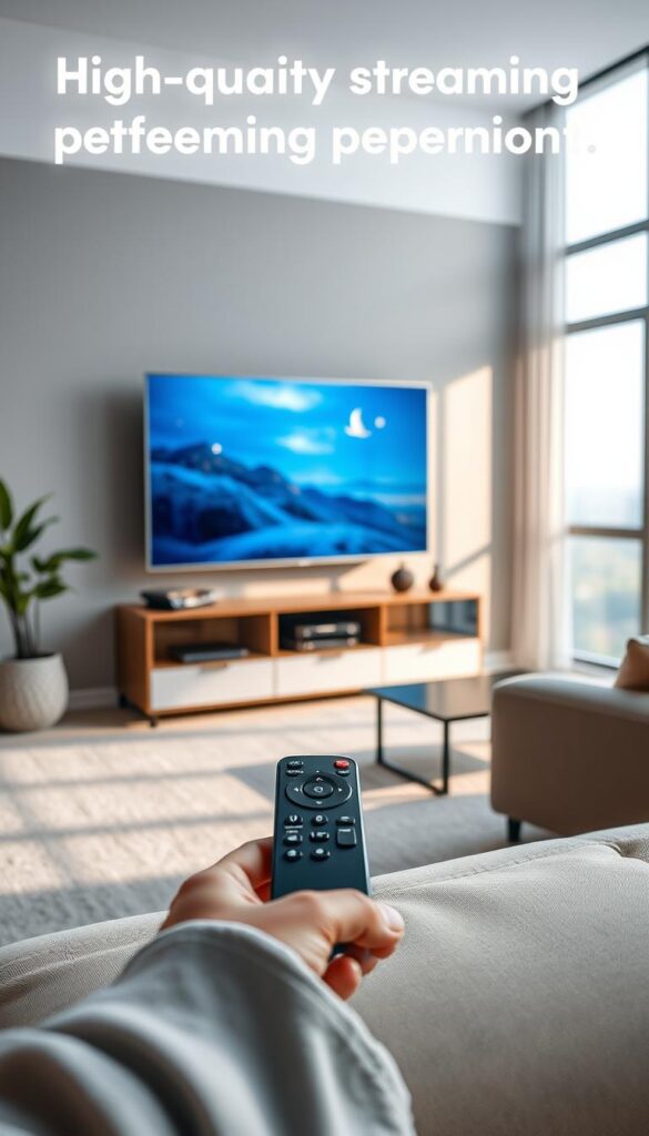 High-quality streaming performance with Hoxtoon Provider. A living room scene showcases a sleek, modern TV displaying crystal-clear IPTV visuals. Diffused lighting creates a warm, inviting atmosphere, while the minimalist decor and large windows evoke a sense of technical reliability and seamless integration. In the foreground, a remote control symbolizes the effortless control and responsiveness of the IPTV service. The middle ground features a stylish media cabinet housing the IPTV streaming device, reflecting the sophisticated technology powering the experience. The background landscape visible through the windows suggests the wide availability and coverage of the Hoxtoon Provider network, delivering reliable service across regions.