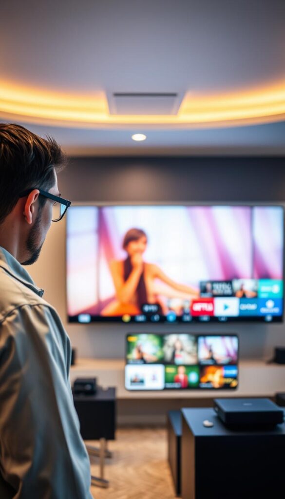 High-quality, ultra-high-definition IPTV service from the reliable Hoxtoon Provider in Belgium. Sleek, modern interface with intuitive navigation. Crisp, vibrant visuals showcased on a state-of-the-art 4K television, illuminated by warm, natural lighting. Technician in the foreground inspecting equipment, ensuring optimal performance and customer satisfaction. Serene, minimalist office space in the background, conveying professionalism and attention to detail. Subtle branding elements subtly incorporated, projecting a sense of trust and dependability.