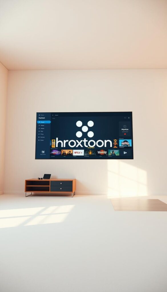 Hoxtoon Provider: a sleek, modern interface showcasing a vast library of 150,000+ on-demand movies, TV shows, and live channels. Floating in a minimalist, well-lit studio space, the service's elegant logo and UI elements are visible, conveying a sense of affordable, high-quality entertainment at your fingertips. Soft, diffused lighting casts warm tones, creating an inviting and accessible atmosphere. The camera angle is slightly low, emphasizing the service's user-friendly experience and drawing the viewer in. The overall composition is balanced, with ample negative space to highlight the key visual elements.