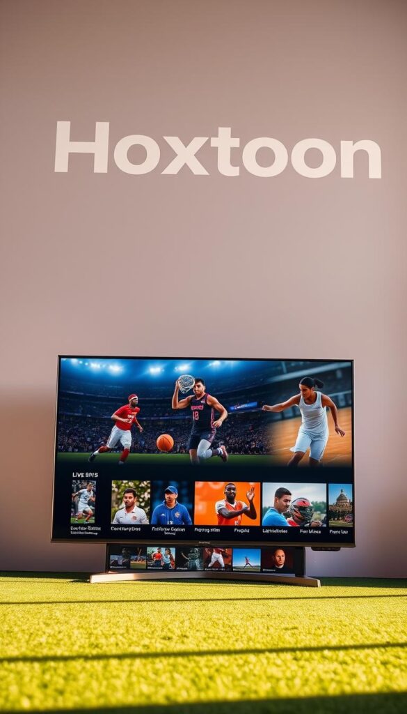 Hoxtoon Provider sports coverage showcasing a vibrant, modern IPTV interface. In the foreground, a sleek, minimalist UI displays a variety of live sporting events, including football, basketball, and tennis. The middle ground features dynamic visuals of athletes in action, captured with a cinematic, high-definition lens. The background subtly incorporates the Hoxtoon brand identity, with clean lines and a muted color palette that conveys a sense of professionalism and reliability. The overall scene is bathed in warm, natural lighting, creating a visually appealing and immersive experience for the viewer.