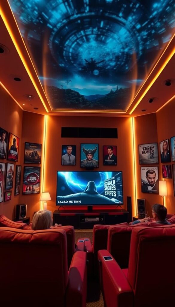 Hoxtoon Provider's 4K IPTV movie channels: a cinematic haven. Sleek, high-definition displays showcase blockbusters and indie gems in breathtaking 4K resolution. Warm, soft lighting bathes the room, creating an intimate, theater-like ambiance. Plush, comfortable seating invites movie lovers to immerse themselves in the captivating visuals and rich, surround-sound audio. In the background, a curated selection of classic and contemporary film posters lines the walls, hinting at the vast, diverse library of premium content available at the viewer's fingertips.