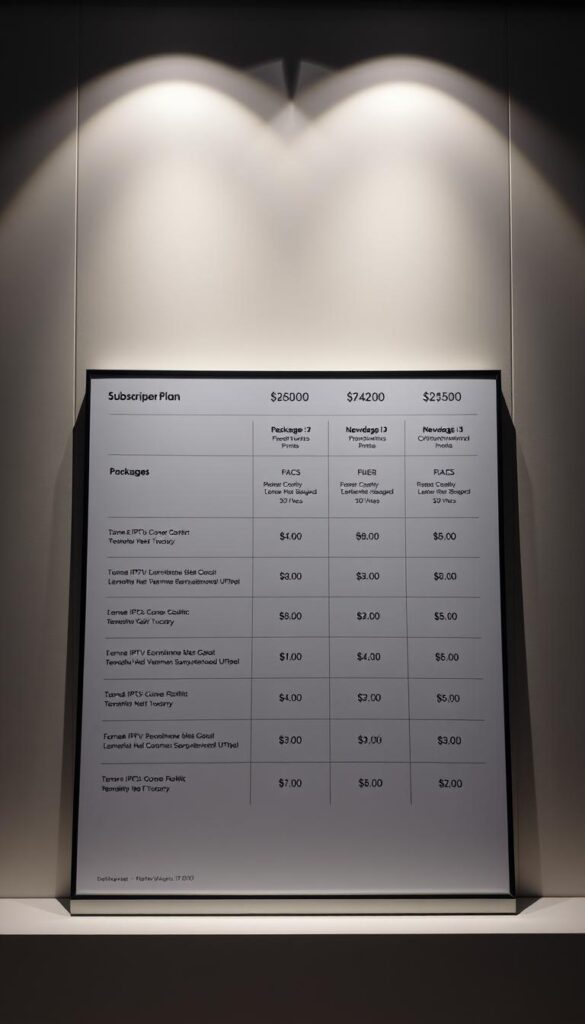 Hoxtoon Provider's IPTV Subscription Plans - a sleek, minimalist display of packages and pricing, set against a sophisticated backdrop. A clean grid layout showcases the various tiers, each with distinct features and costs, presented in a visually appealing manner. The lighting is soft and diffused, creating a sense of professionalism and reliability. The camera angle is slightly elevated, giving the viewer a comprehensive overview of the subscription options. The overall mood is one of clarity, transparency, and attention to detail, reflecting Hoxtoon's commitment to providing a top-tier IPTV service.