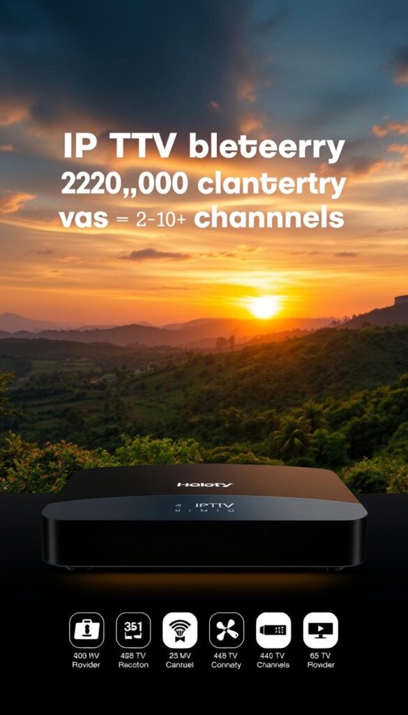 Impressive IPTV box with sleek, modern design showcasing a vast content library of over 21,000 channels from the Hoxtoon Provider. The device is positioned prominently, its clean lines and premium materials conveying a sense of quality and reliability. In the background, a vibrant, cinematic landscape with lush greenery and a picturesque sunset sets the mood for an immersive entertainment experience. Soft, warm lighting illuminates the box, highlighting its intuitive interface and advanced features. The overall scene evokes a feeling of endless entertainment possibilities at the user's fingertips.